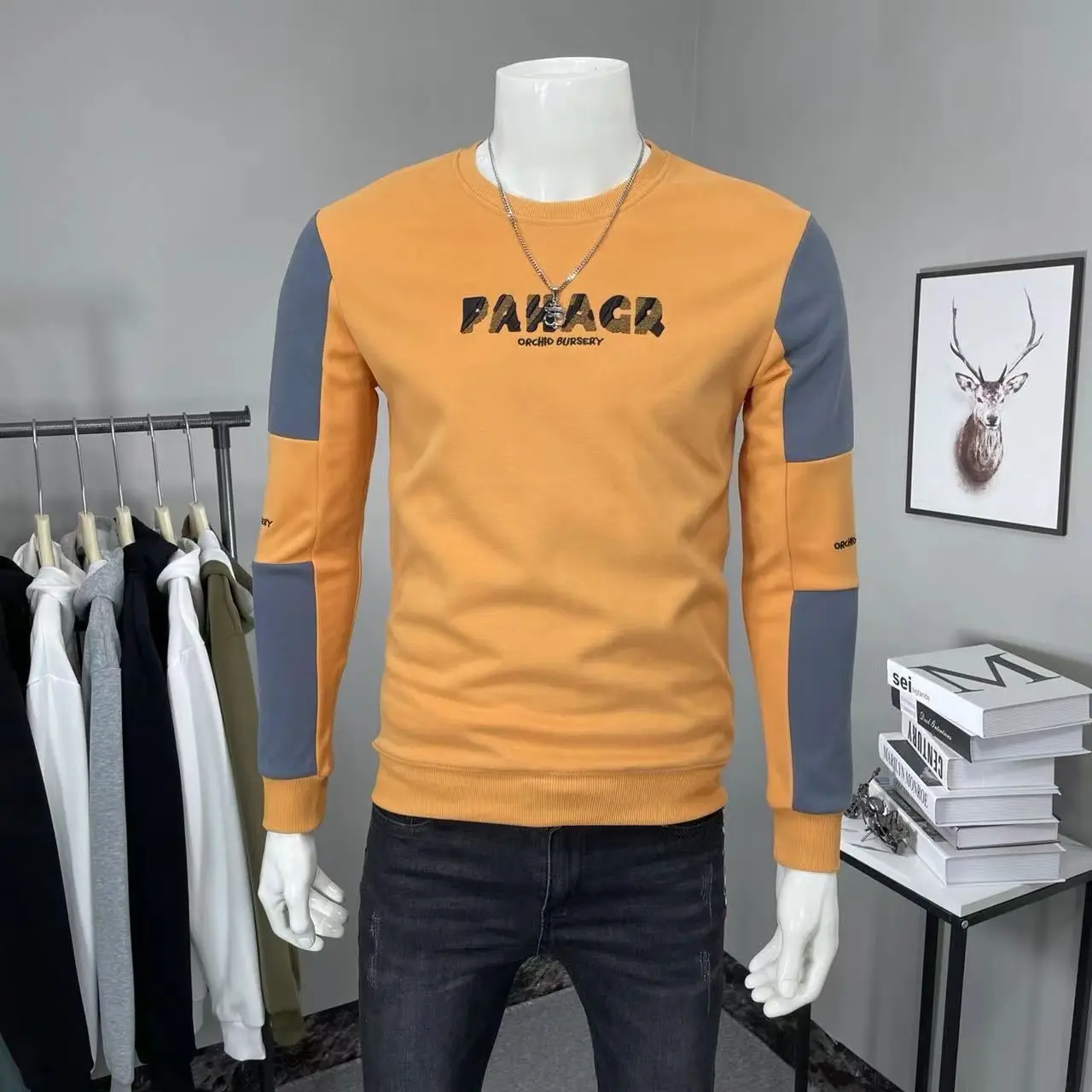 T Shirt for Men Yellow Slim Fit Tight Man Pullovers Round Neck Splicing Sweatshirts Oversize Big Size Tops Fashion Trends 2024 S