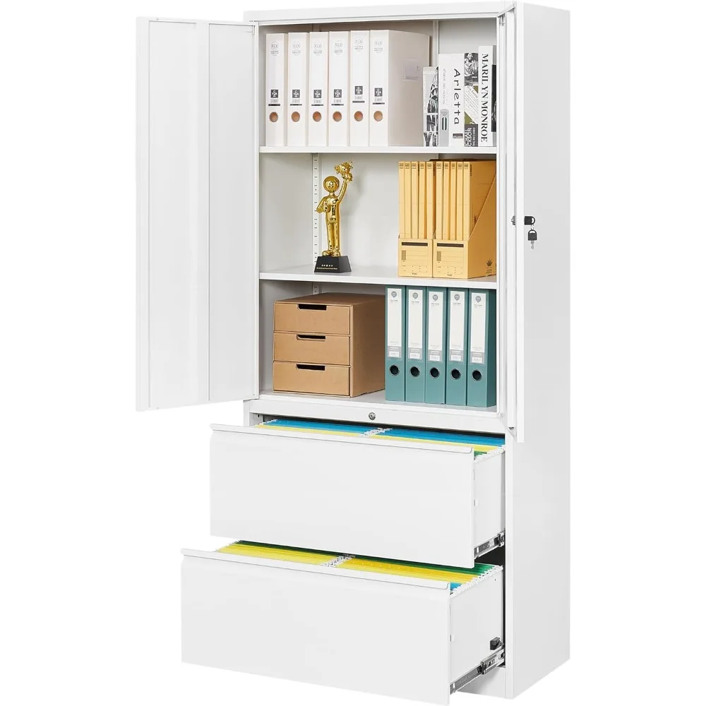 Storage Cabinet Metal Display Cabinet with Glass Doors, 71in H x 31.5in W x 15.7in D, White, Kitchen Pantry Cabinet for Home Of