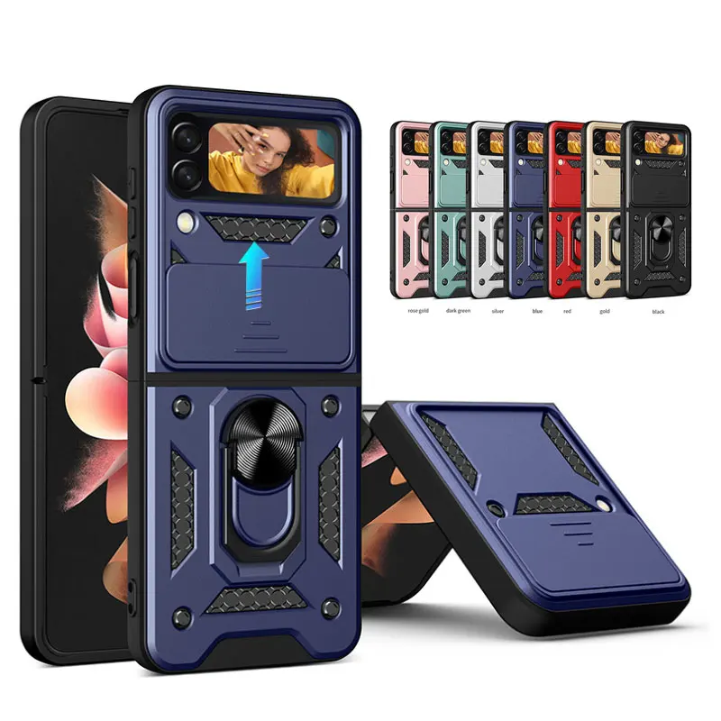 Armor Shockproof Case for Samsung Z Flip 4 Magnetic Car Ring Holder Stand Back Case Slide Lens Cover for Galaxy Z Flip 3 4 5G