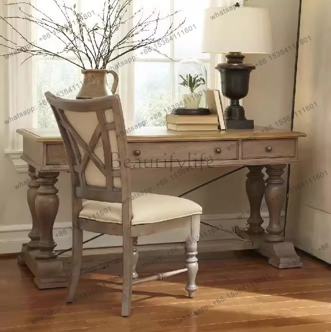 American country French solid wood desk European style weathered gray office desk study furniture