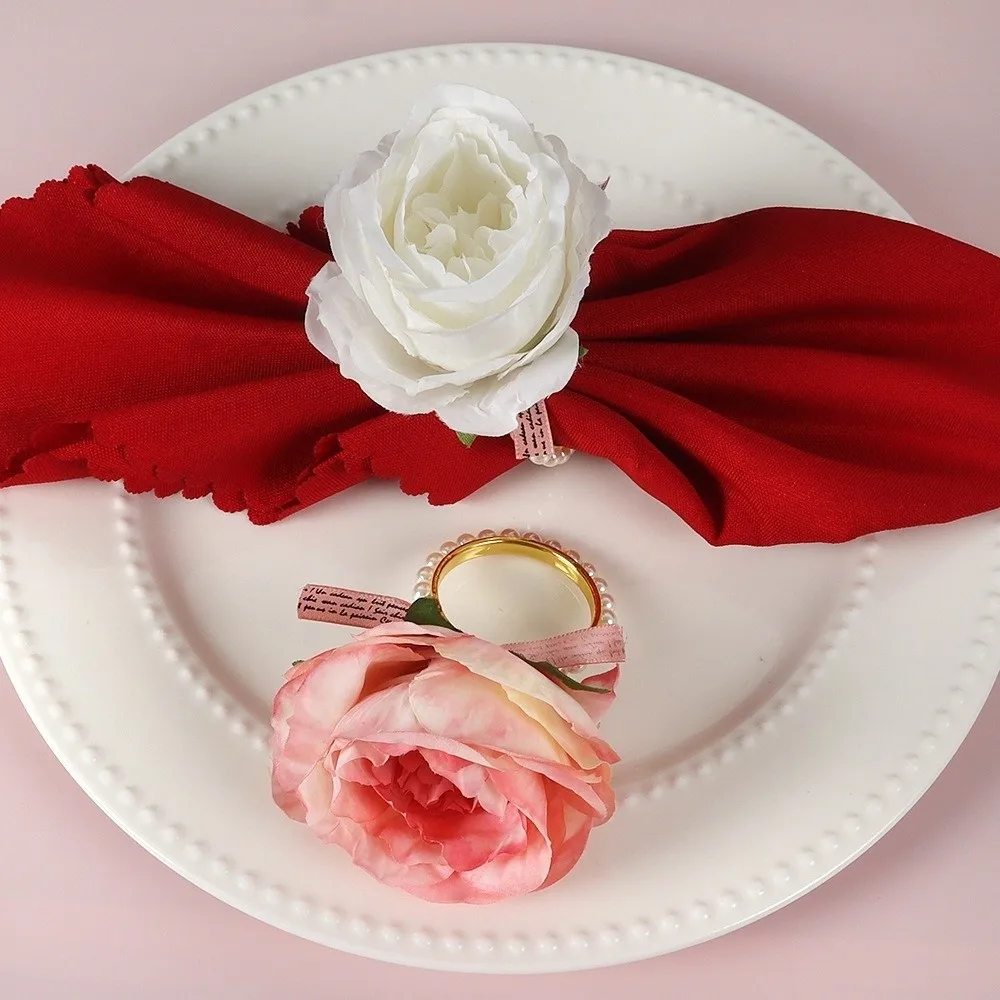 

Elegant Simulated Rose Napkin Rings Decorative Pink Rose Western-style Napkin Buckle Plastic Alloy Electroplated Tissue Holder
