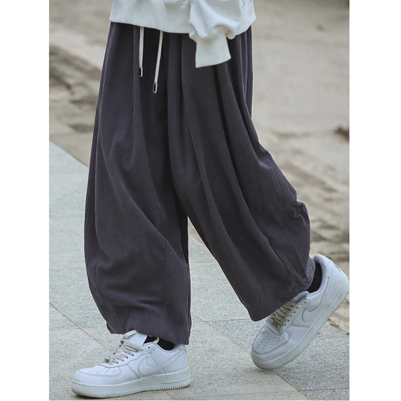 2026 New Arrival Spring/autumn Women Arts Style Ankle-length Pants Casual Loose Corduroy Elastic Waist Wide Leg Pants T82
