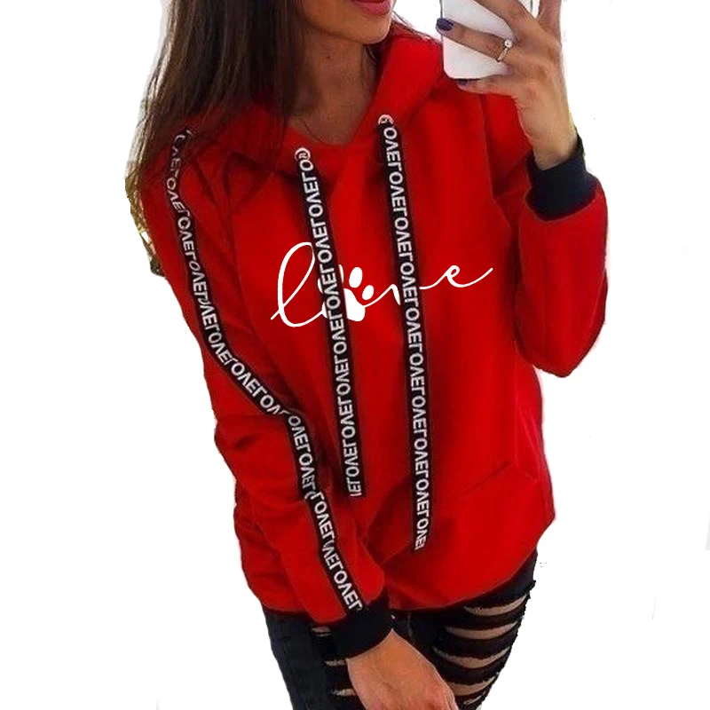 Autumn Fashion Women Casual Long Sleeve Letter Print Sport Hooded Sweatshirt Plus Size Pullover Tops Sweater