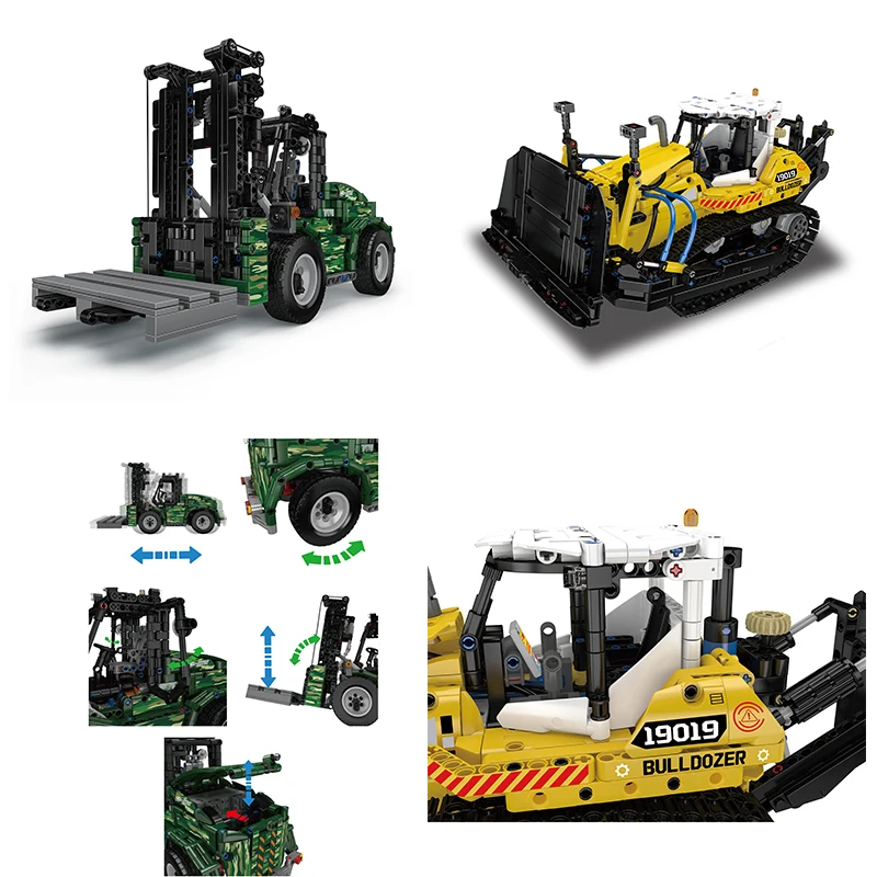 MOULDKING Engineering Vehicle Series Bausteine Kits Bulldozer Gabelstapler Transporter Modell Ornamente Spielzeug Kinder Geschenk 19019