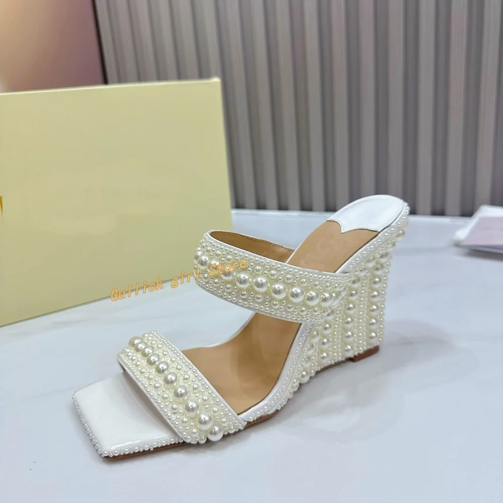 Wedges Pearl Decor Women Slippers Square Toe Slip On 2024 New Arrivals Women Wedding Dress Sandals Slip On Handmade Fashion Shoe