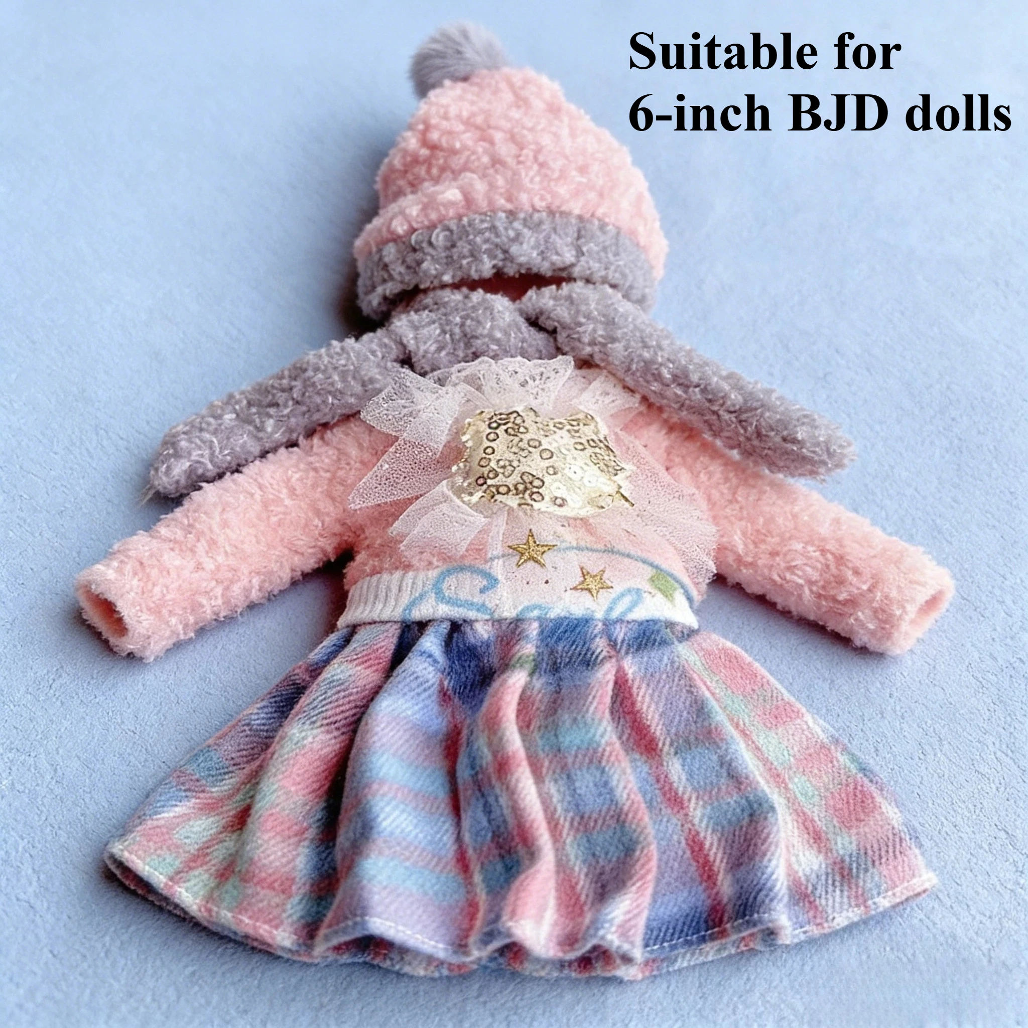 

Розово-серый плюшевый комплект в клетку для куклы BJD 6-дюймовой, милый пушистый плиссированный плюшевый костюм для куклы 30 см, аксессуары для переодевания, подарки