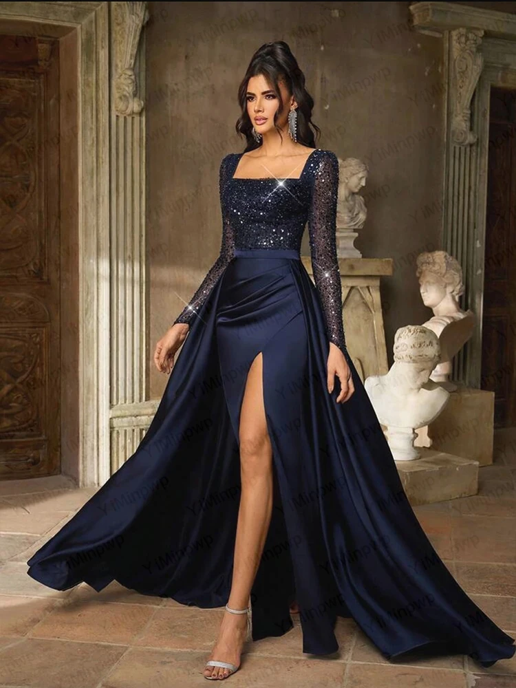 فساتين سهرة فاخرة بياقة مربعة وأكمام طويلة بفتحة هيو أزرق كحلي للحفلات الراقصة فستان حفلات الزفاف مخصص رداء السهرة