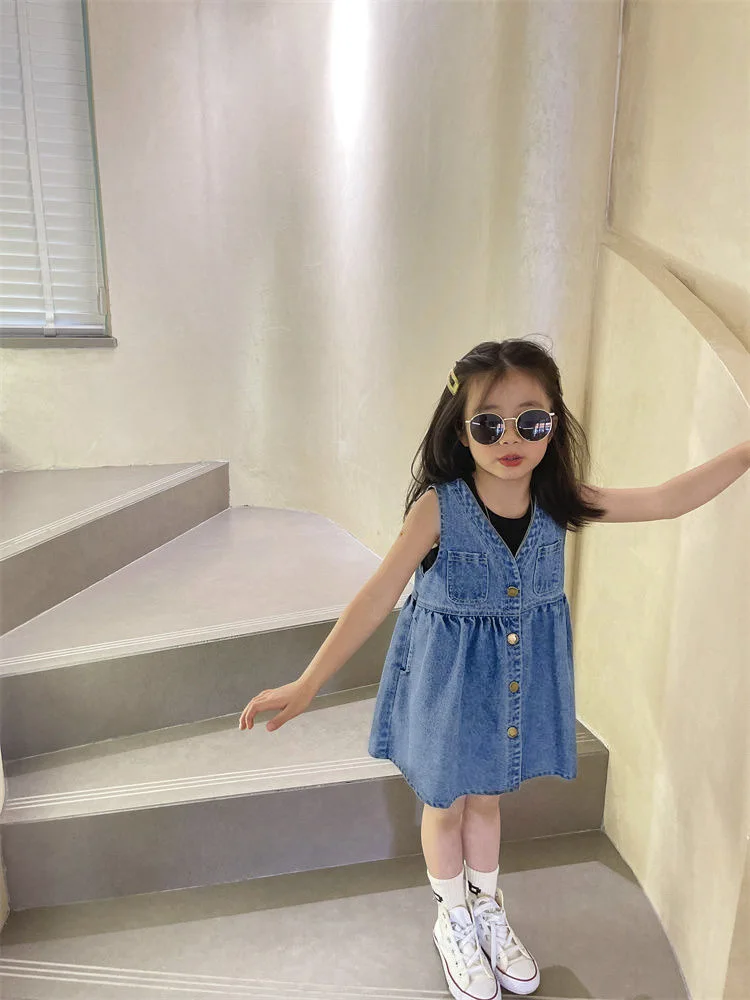 Baby Girl Dress Girls Set Sundress 2024 Summer Dress New Children Baby Denim Strap-up Fashion Comfort Durable Dresses