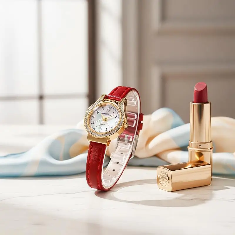 Women Quartz Watch Rhinestone Bezel Gold Case PU Leather Strap Perfect For Daily Wear Dating Gifting