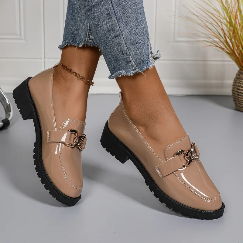 Spring Round Toe Loafers Women's British Style High Heels Shoes 2025 Slip on Chunky Heels Woman Fashion Metal Decor Shoes Women