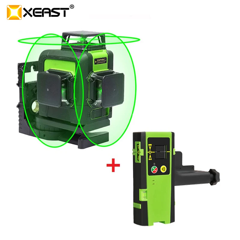 XEAST High Precision 12 Lines Green 3D Laser Level  Direct Power Supply USB and Lithium Battery with Laser Receiver