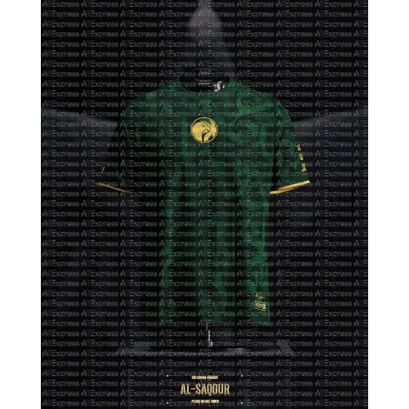 Deep Green Arabic Calligraphy with Dark Pattern Football Jersey, Gold Eagle Gold Border Breathable Short Sleeved Shirt