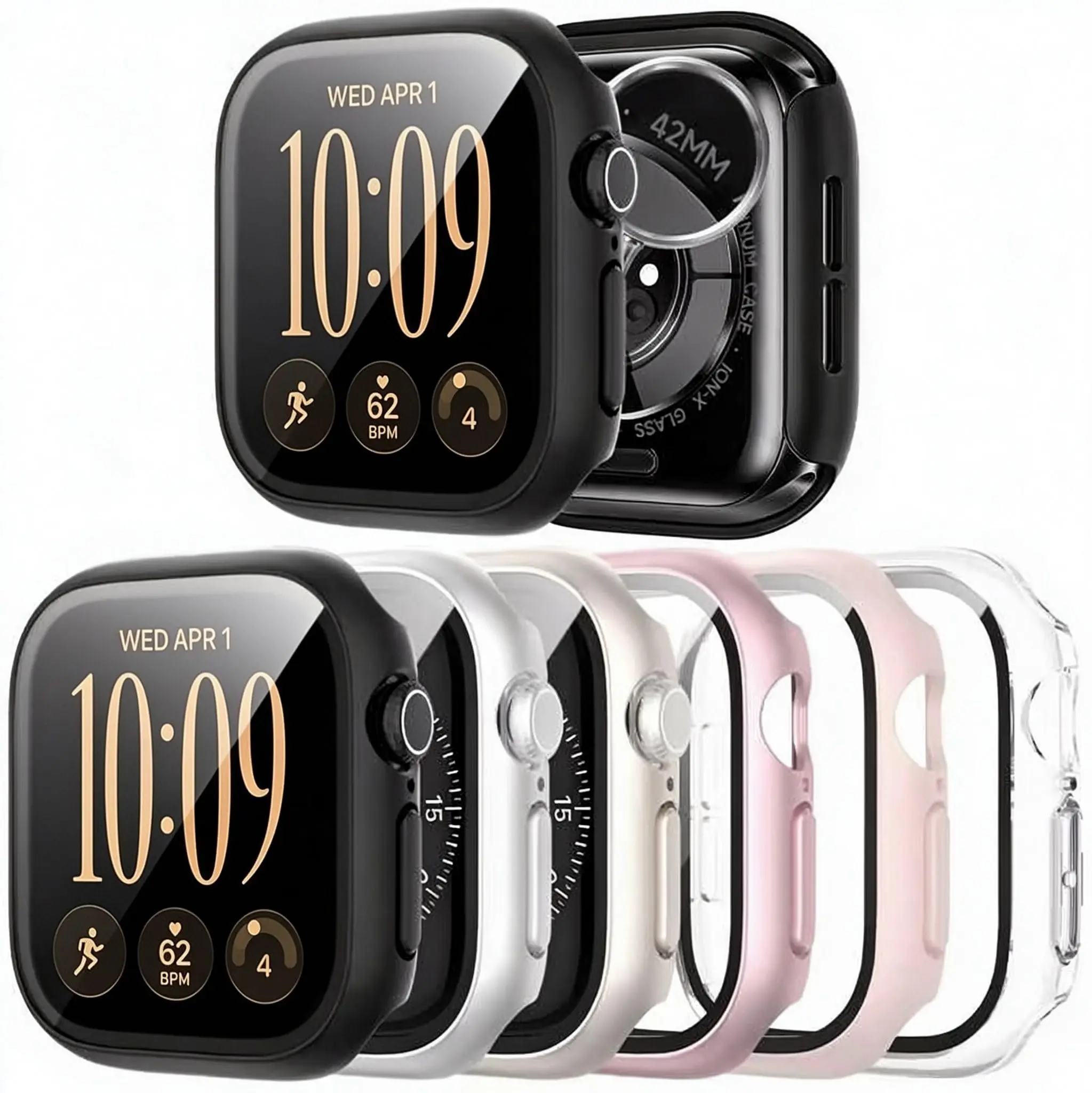 Für Apple Watch Series 12 11 10 9 8 7 SE 6: Displayschutzfolie aus gehärtetem Glas + Schutzhülle, 41 44 mm, 40 45 mm, 42 46 mm, iWatch-Zubehör.
