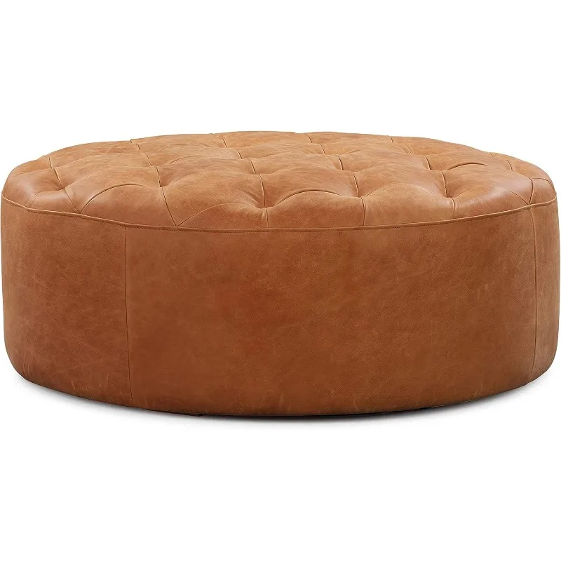 Ascot Ottoman in Full-Grain Pure-Aniline Italian Tanned Leather in Cognac Tan