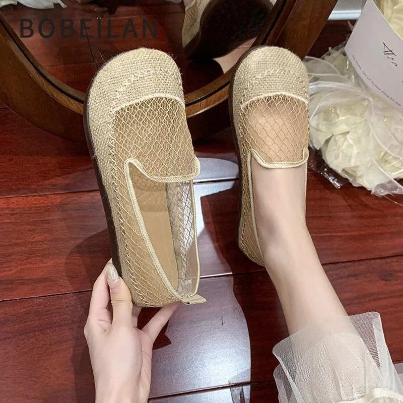 Zapatos de Lino de Verano para Mujer, Transpirables, Planos, con Malla Calada, Estilo Alpargatas, con Suela de Goma, Casuales