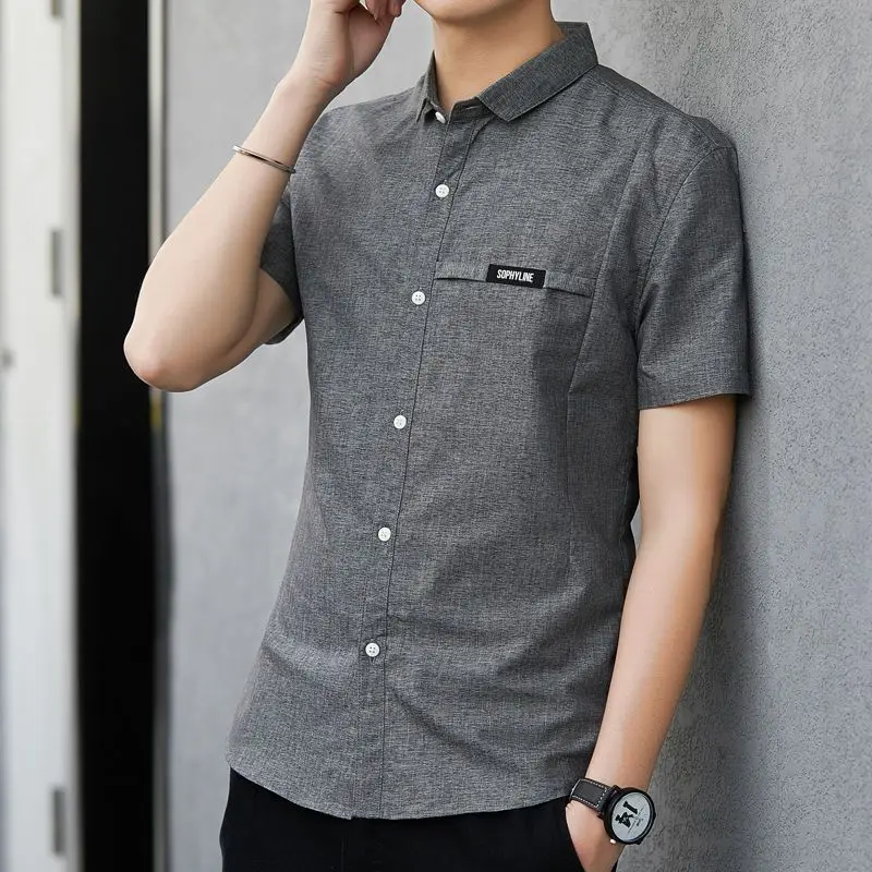 

Mens Lapel Collar Short Sleeve Shirt Textured Fabric Chest Pocket Slim Fit Casual Button Down Blouse