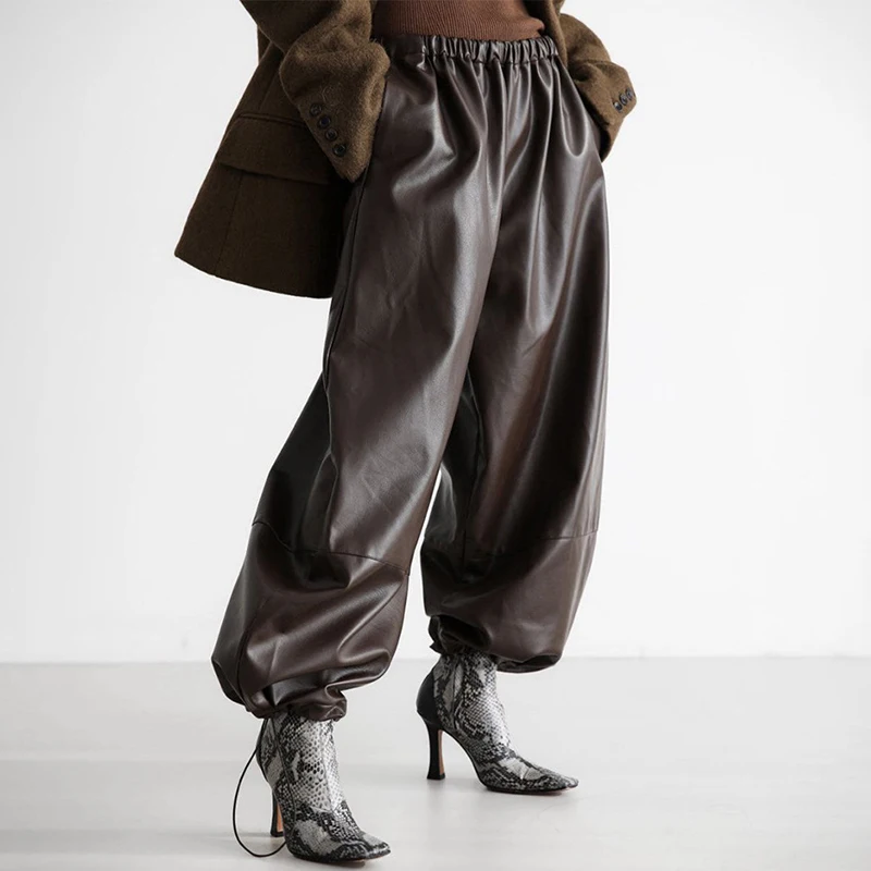Tornova PU Leather Loose Bloomer Pants For Women High Street Casual Drawstring Trousers Club Party Pants Female 2025 Fall New