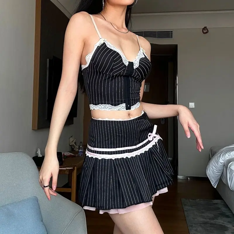 

Suit Striped Sexy Lace Stitching Backless Camisole Bow Button Skirt Two-Piece Set Dopamine Women'S Summer