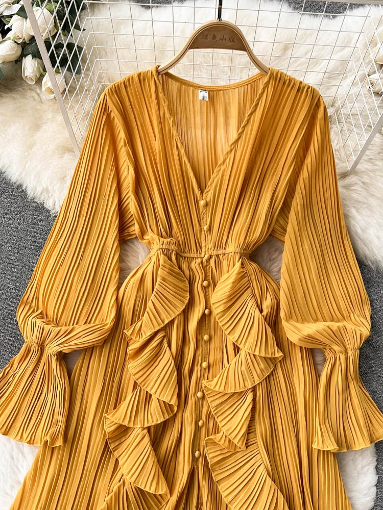 Pleated V-neck Flutter Sleeve Ruffles Chiffon Dress Lemon main image 0