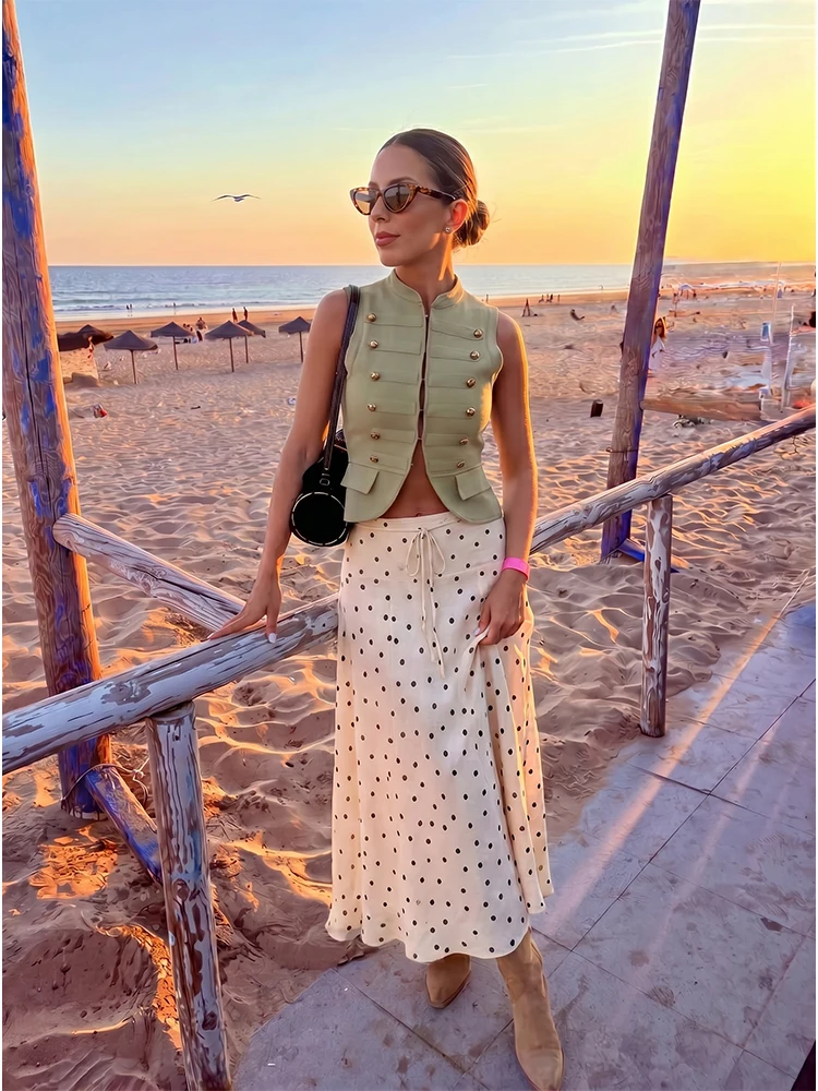 HH Women Summer Old Money Elegant Cream Polka Dot Skirt Spring High Waist Drawstring Flowy Maxi Lightweight Skirt For Office
