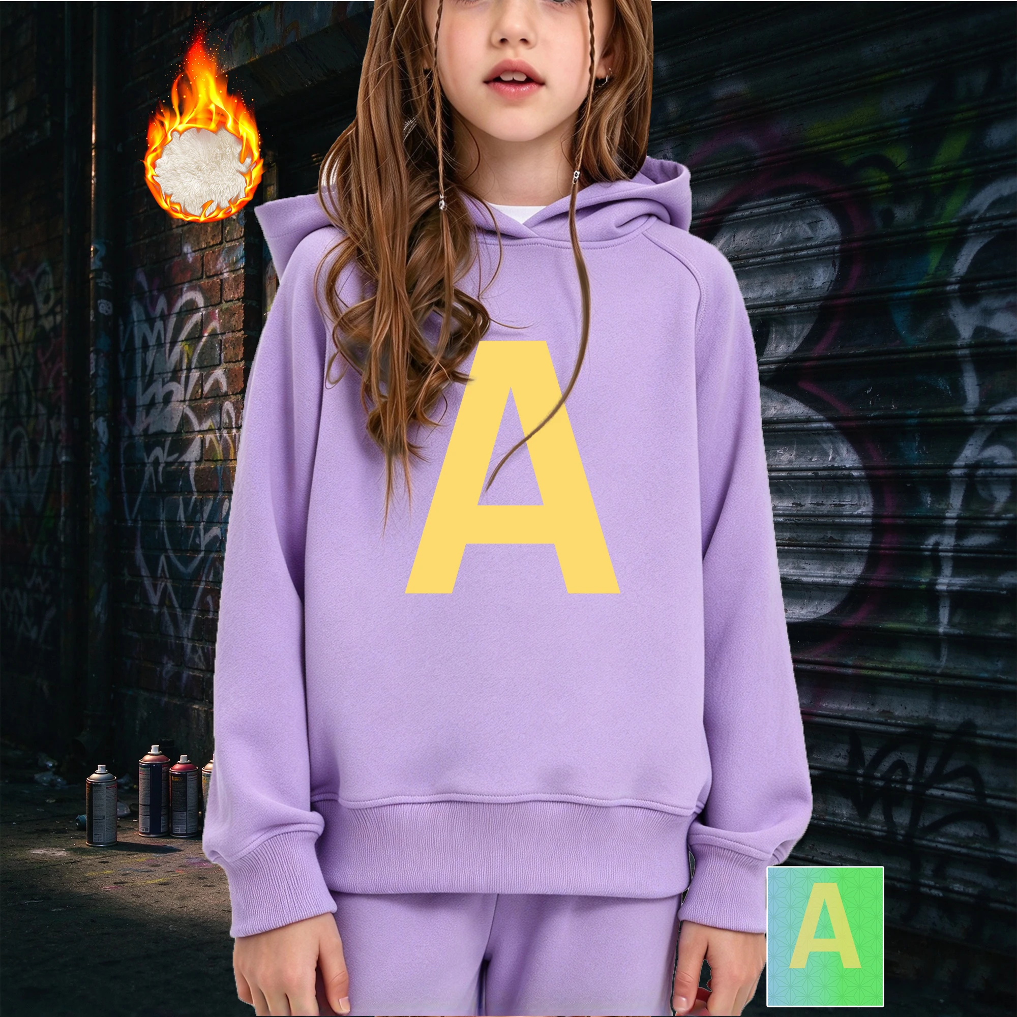 Girls Hoodies Sweatshirts Fleece Preppy Bold Letter A Printed Monogram Initial Children Clothing Fall Winter Casual Daily Wear