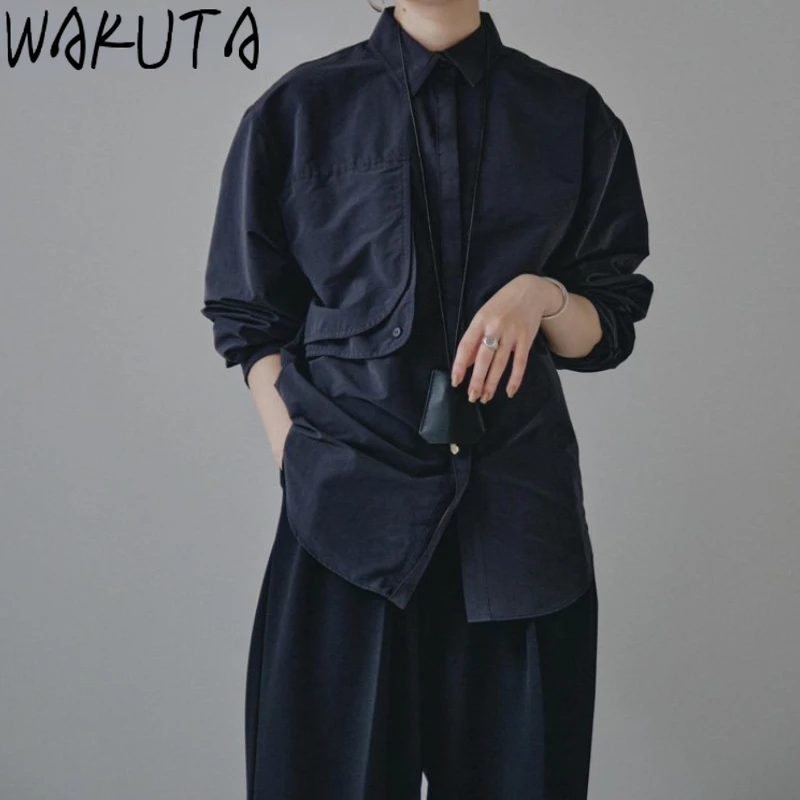 

Wakuta Turn-Down Collar Long Sleeve Soft Blouses Casual Safari Style Single Breasted Blusas Japan Loose Pocket Patchwork Shirt