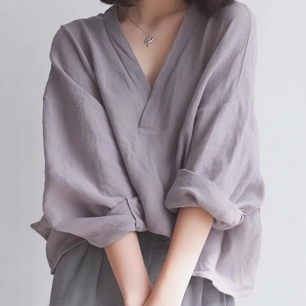 قميص نسائي صيفي فضفاض بأكمام طويلة على الطراز الفرنسي، نسخة جديدة رفيعة، كاجوال برقبة على شكل حرف V، قميص أرجواني على الطراز الكوري