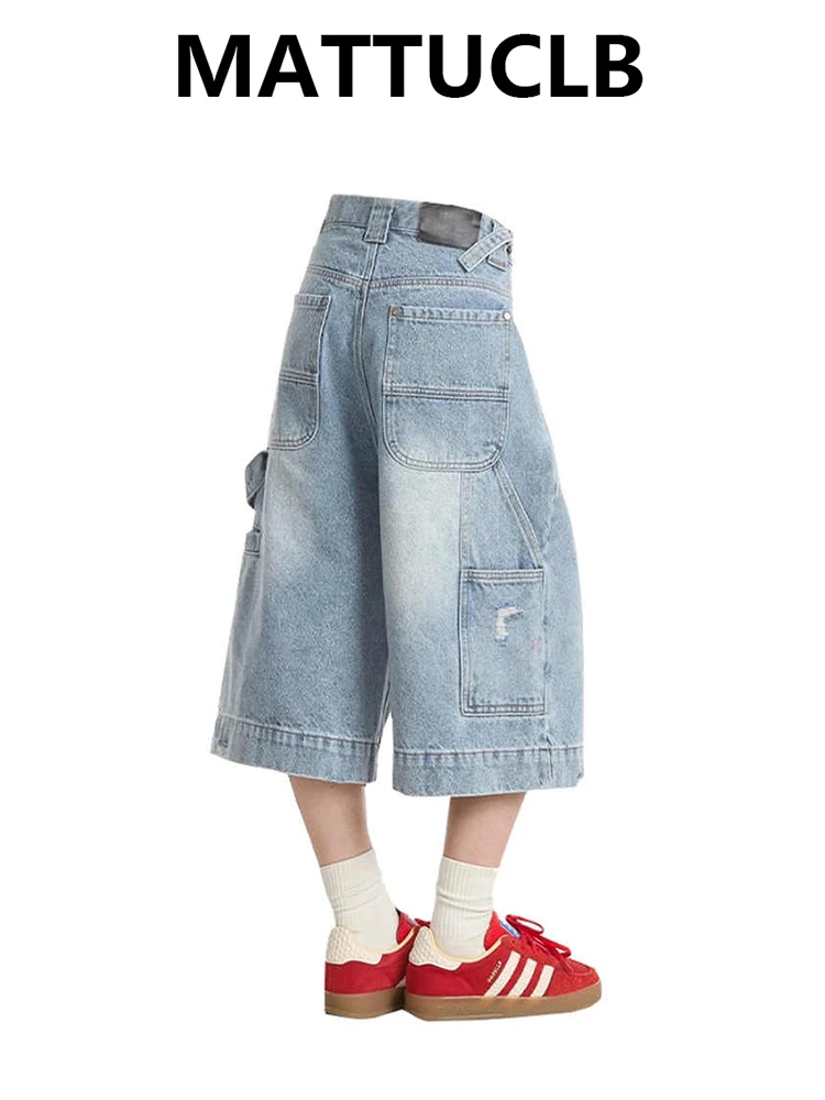

Summer Women American Vintage Wide Leg Denim Cargo Jorts Shorts Harajuku Y2k 2000s Jean Pants Japanese Grunge Calf-Length Pants