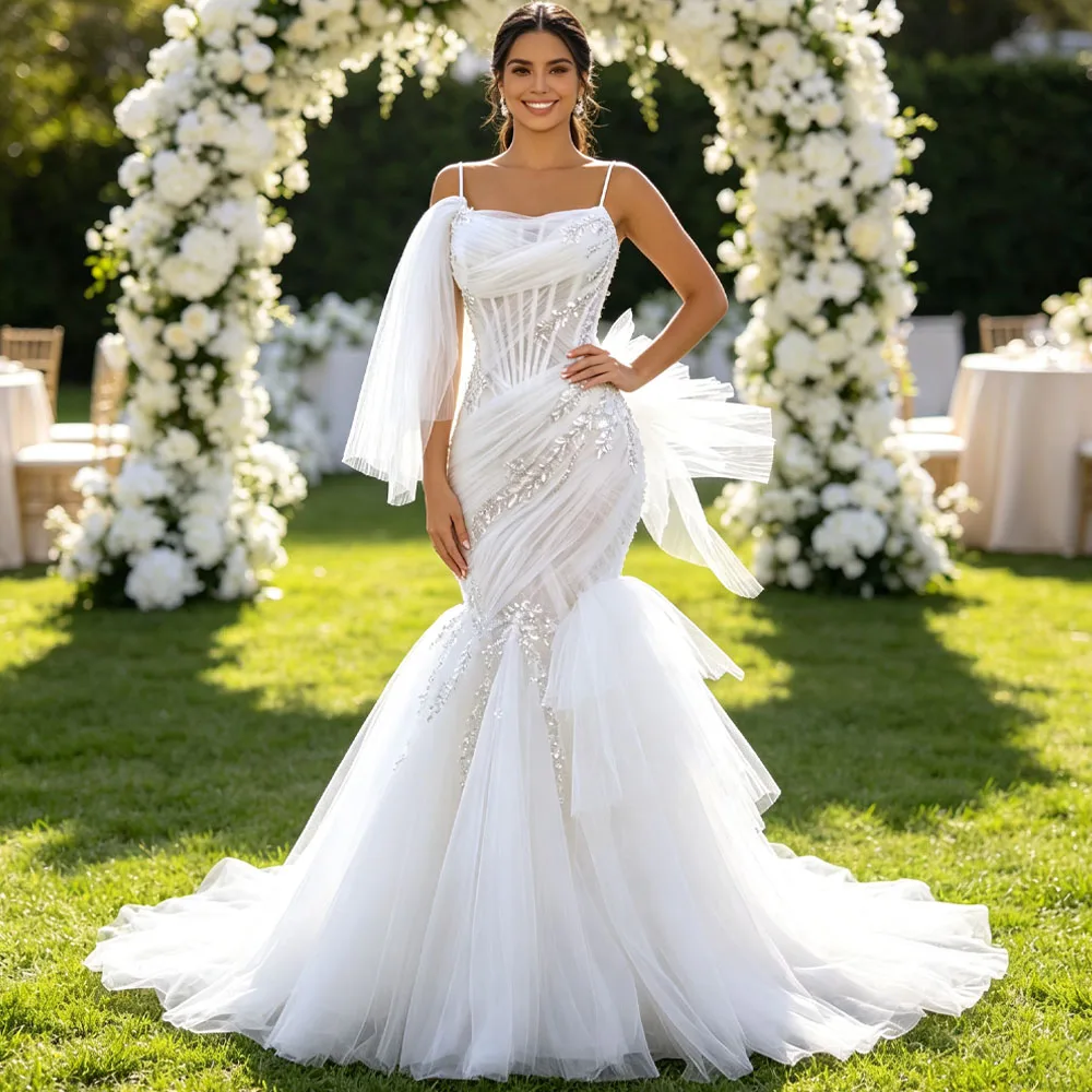 Charming Spaghetti Straps Lace Up Back Wedding Dress Sequined Crystal Mermaid Vestido Novias