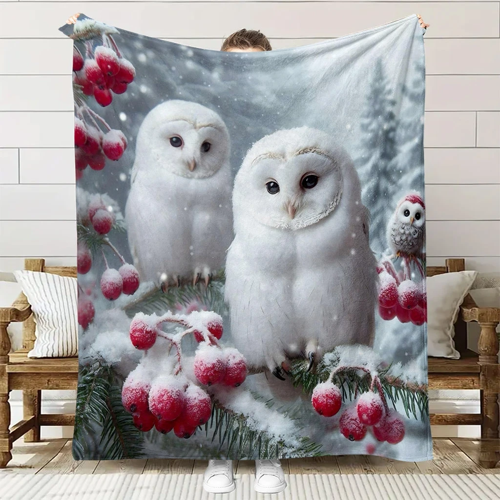 1pc Skin-Friendly Owl in Snowy Scene Themed Flannel Blanket, High-Definition Digital Print, for Sofa and Bed, Soft and Breathabl
