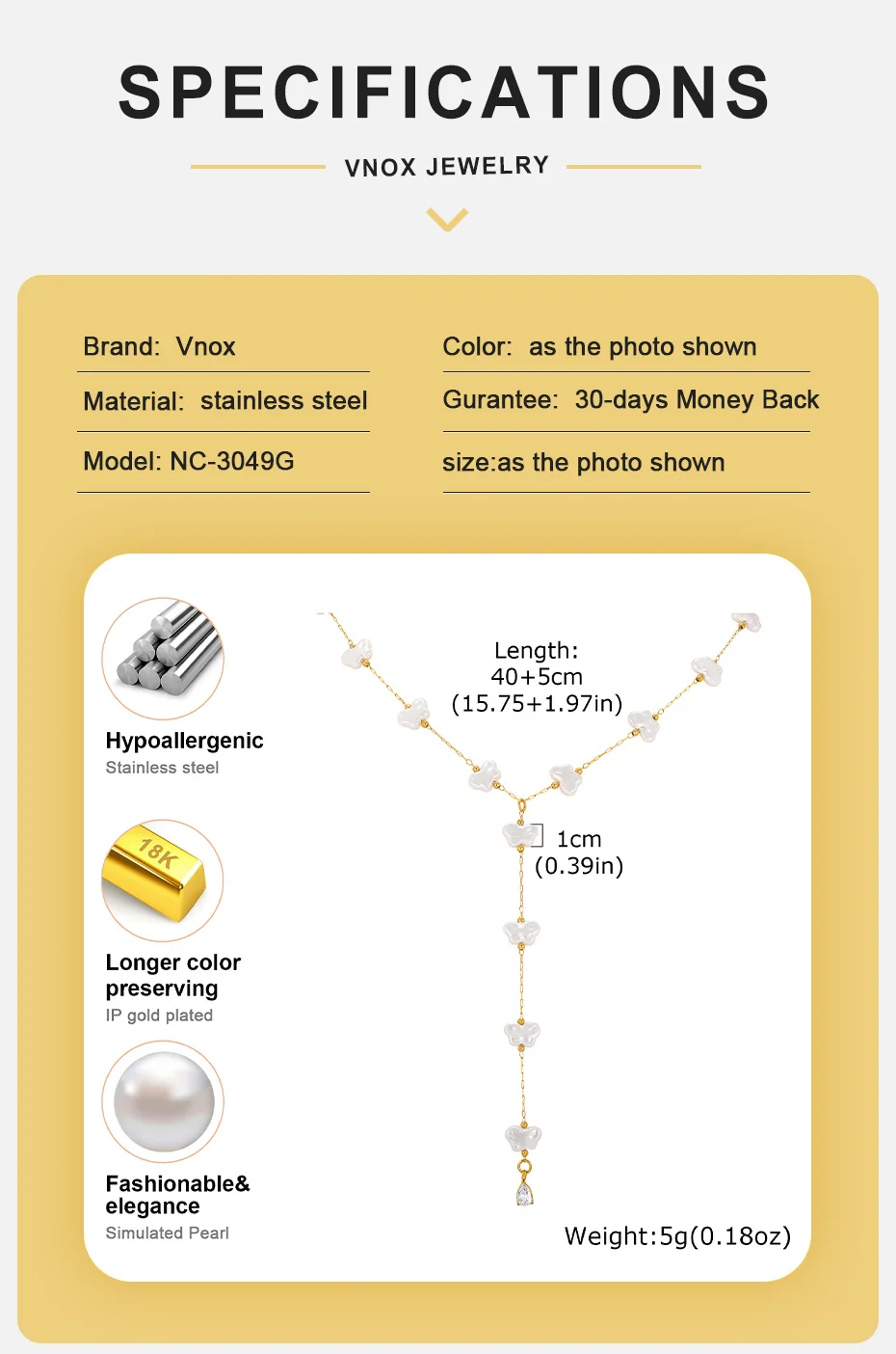 Vnox Niedliche Schmetterlings-Imitationsperlen-Y-förmige Halskette für Frauen, 18K vergoldet, Tropfenanhänger, Schlüsselbein-Halskette, Street-Schmuck – Detail 4