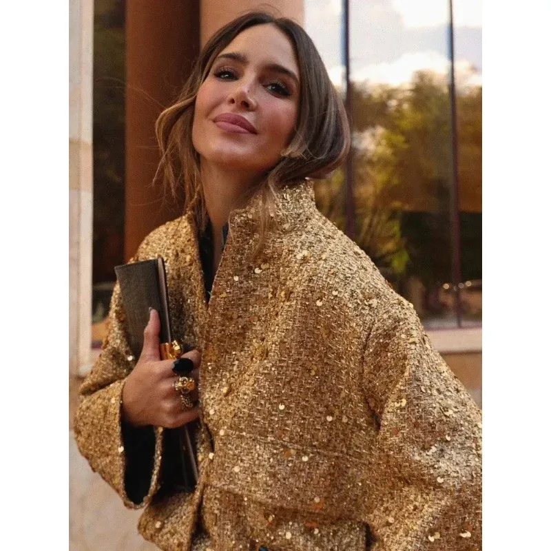Gold Sequin Tweed Jacket Mandarin Stand Collar Hidden Snap Button Pocket Loose Cropped Elegant Party Outerwear Winter Coat