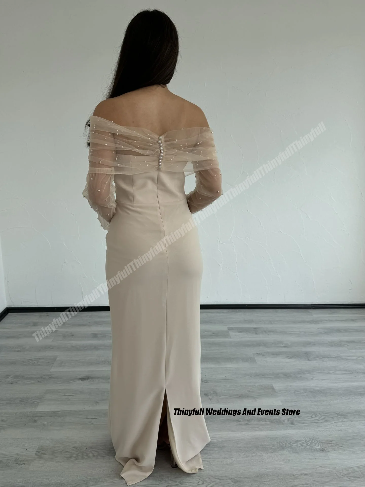 Thinyfull Mermaid Prom Dress V-neck Satin Detachable Sleeves Beading Evening Party Gown Dubai Long Special Occasion Dress ﻿ ﻿