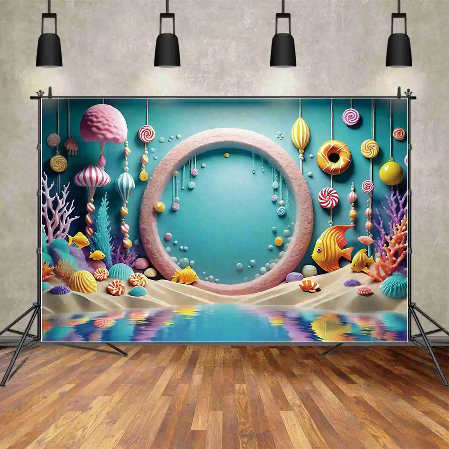 

MOON.QG Arch 3D Summer One Birthday Backgrounds Baby Mermaid Candyland Beach Backdrop Custom Party Decoration Photocall Props