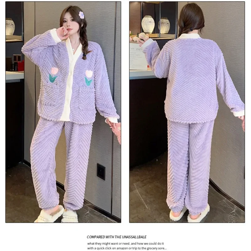 5XL Plus Size Winter Thickened Coral Fleece Pajama Set Women Korean Sweet Long Sleeve Cardigan Flannel Homewear Loose Loungewear