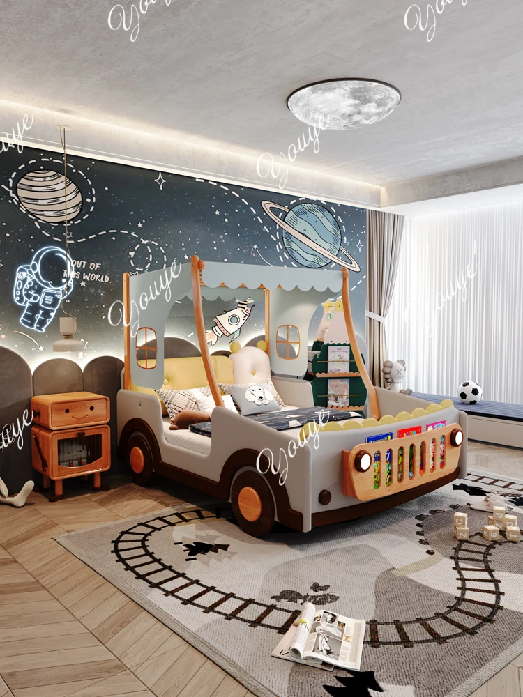 

Children's car bed Boys and girls with guardrail Solid wood treehouse tent bed Bedroom single bed leather