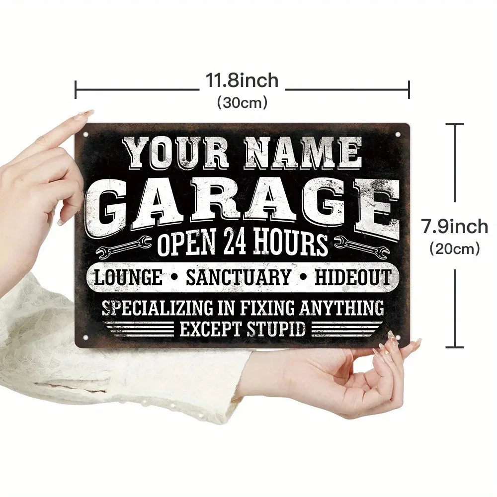 [2D Flat] Personalized Custom Name Vintage Garage Metal Plaque 24 Hours Lounge Hideout, Waterproof Man Cave Indoor Outdoor Wall
