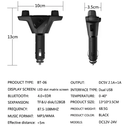 1PC 블루투스 5.0 차량용 어댑터 FM/AUX 송신기 키트 MP3 플레이어 자동 무선 핸즈프리 듀얼 USB 충전기 LED 스크린