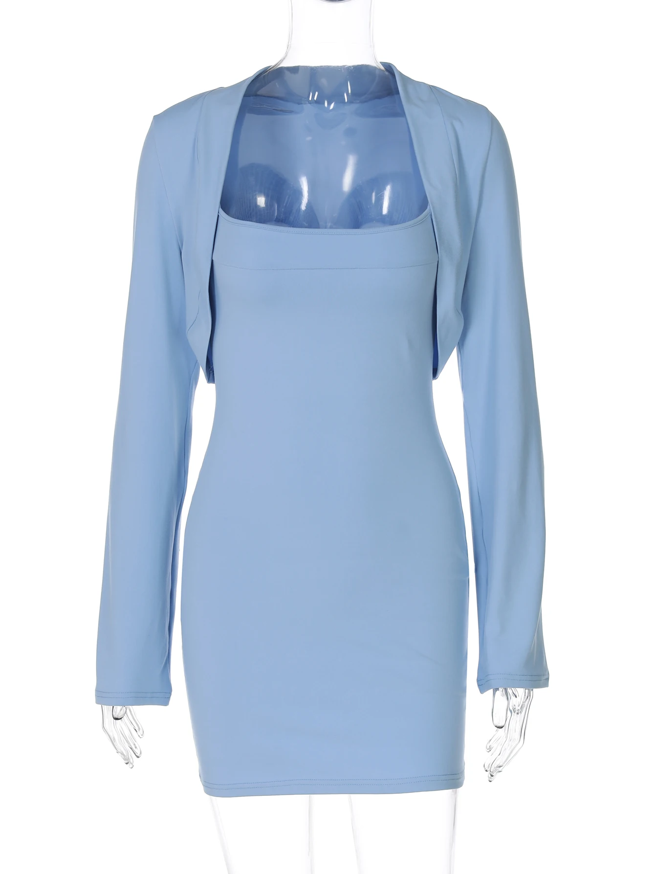 Hugcitar أنيقة الصلبة زلة فستان قصير كم طويل سترة مثير المحاصيل معطف فوقي 2 قطعة مجموعات الخريف ملابس حريمي نادي عطلة الحفلات #6