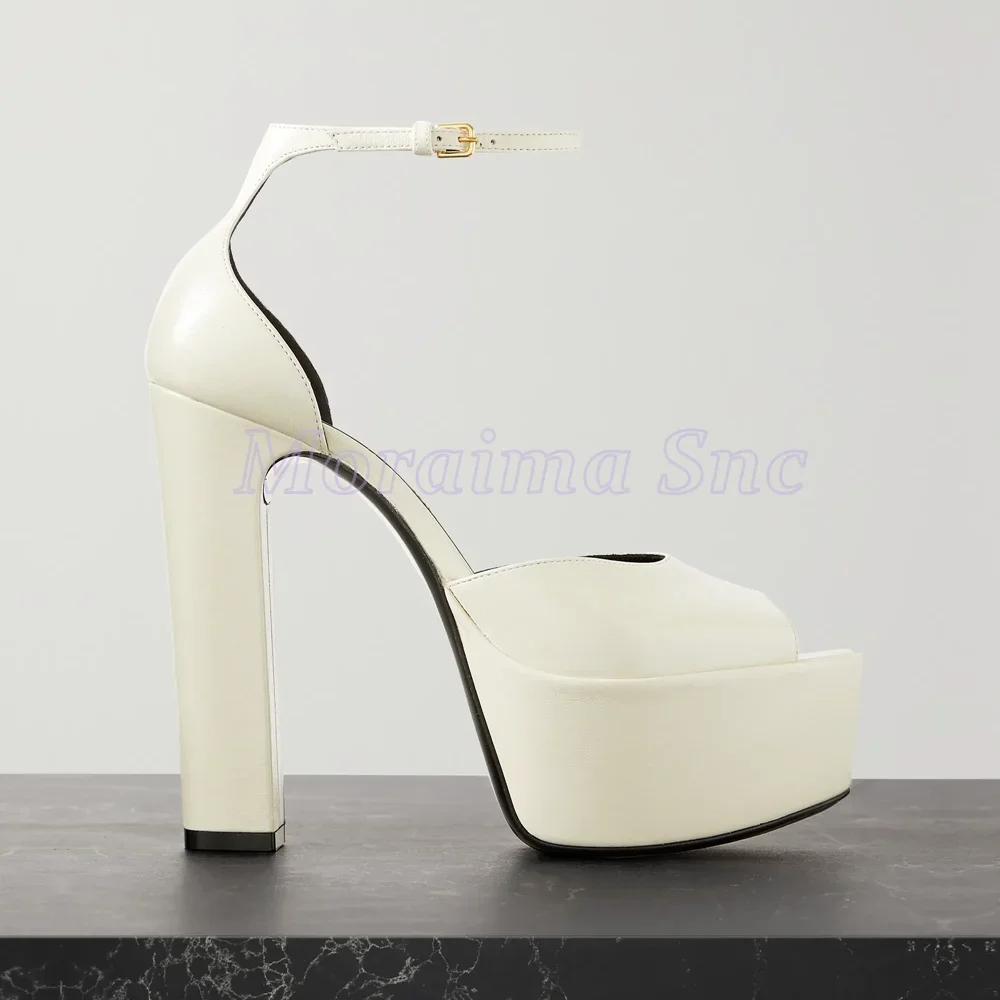 

Sexy Peep Toe Platform Sandals Block Super High Heel Ankle Buckle Strap Cover Heel Fashion Solid White Women's Dress Shoes 2025