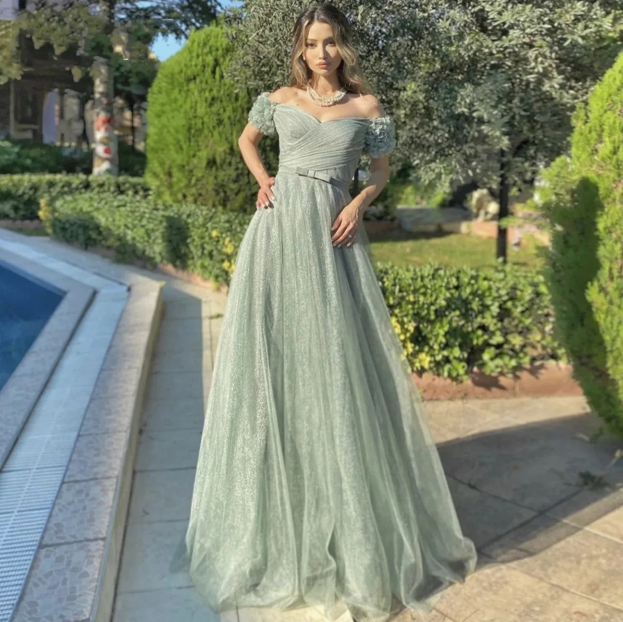 

Flora Dress Green Tulle Sexy Backless Evening Dress A-Line Sweetheart Off Shoulder Short Sleeves Pleat Floor Length Porm Gown