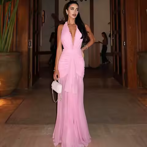 Ticketsx Solid Ruched Halter Long Dress Women See Through Lace Up Patchwork Slim Dress Fashion New Backless Party Evening Dress