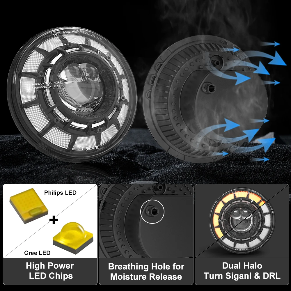 DOT DRL 7 Zoll runder, versiegelter Faros-LED-Scheinwerfer mit Hi-Lo-Beam-Blinker, Arbeitsscheinwerfer für Jeep Wrangler Cherokee XJ YJ MJ JK