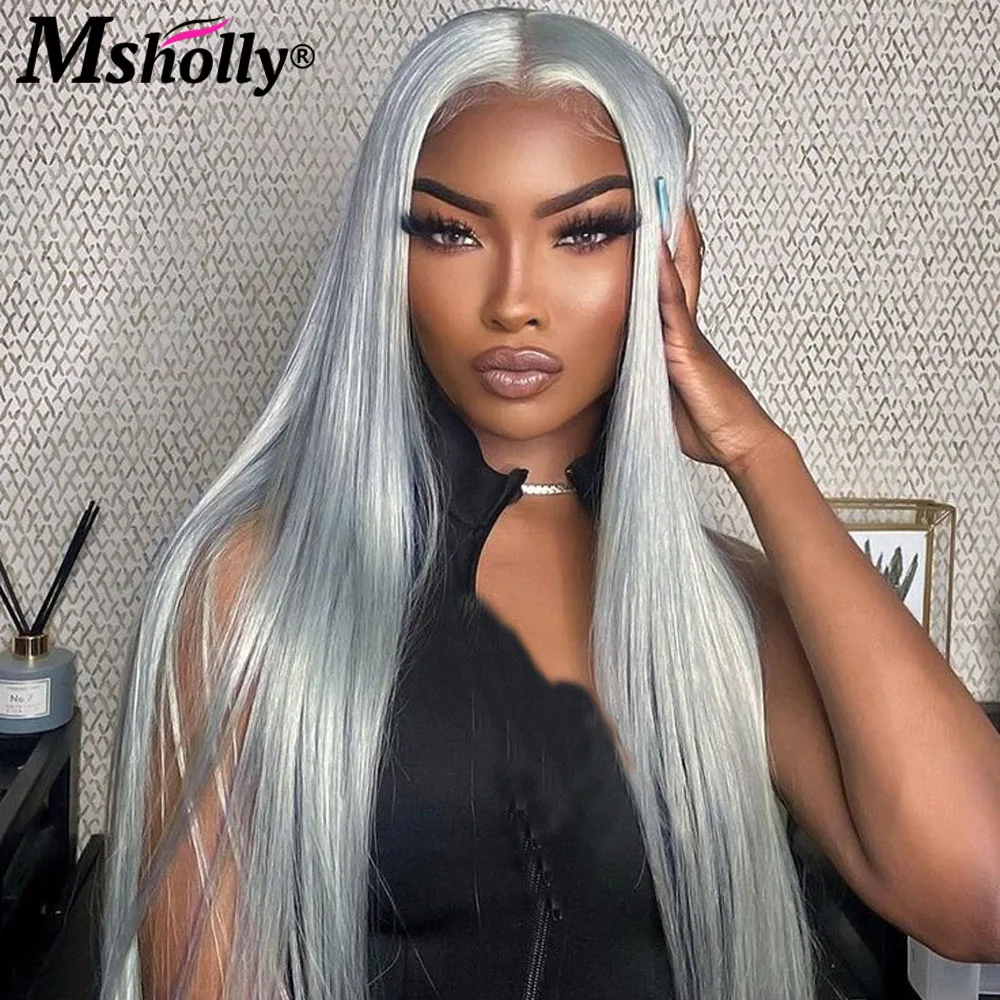 Straight Sliver Grey Colored Human Hair Wigs 13x4 Lace Frontal Pre Plucked Remy Hair Brazilian Transparent Wigs For Women