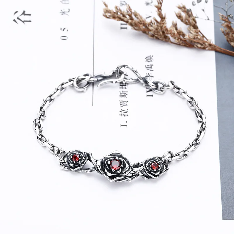 

925 sterling silver bracelet rose literary style single trendyy personalized thai silver retro distressed jewelry