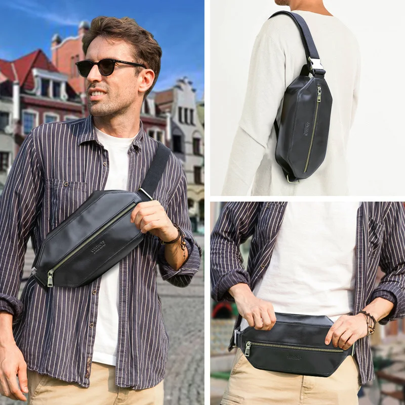 New Fashionable British Style Top Layer Cowhide Head Chest Genuine Leather Men Sports Crossbody Bag Trendy Brand Men's Waist Bag