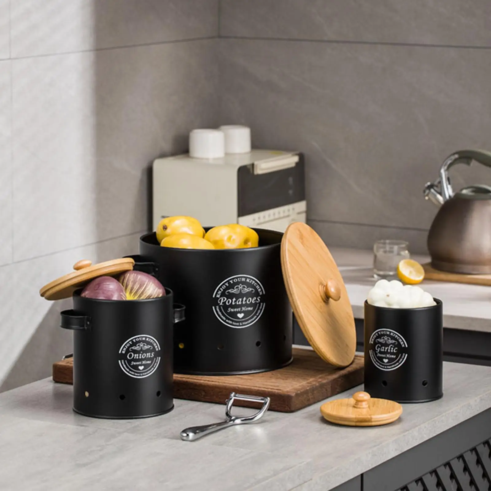 Onion Garlic Potato Storage Canister for Kitchen Galvanized Iron Farmhouse Container with Aeration Holes Vegetable Fresh Keeper