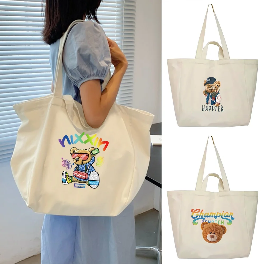 

Повседневные универсальные новые сумки для покупок, большая вместительная студенческая сумка на плечо с принтом медведя, минималистичная эстетичная большая сумка, сумка для хранения
