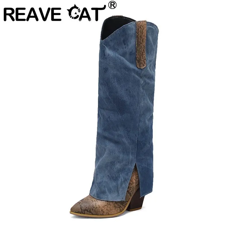 

REAVE CAT 2025 Новые женские сапоги до колена с острым носком на толстом каблуке 10,5 см, разноцветные, большие размеры 47 48 49 50 Сапоги для свиданий