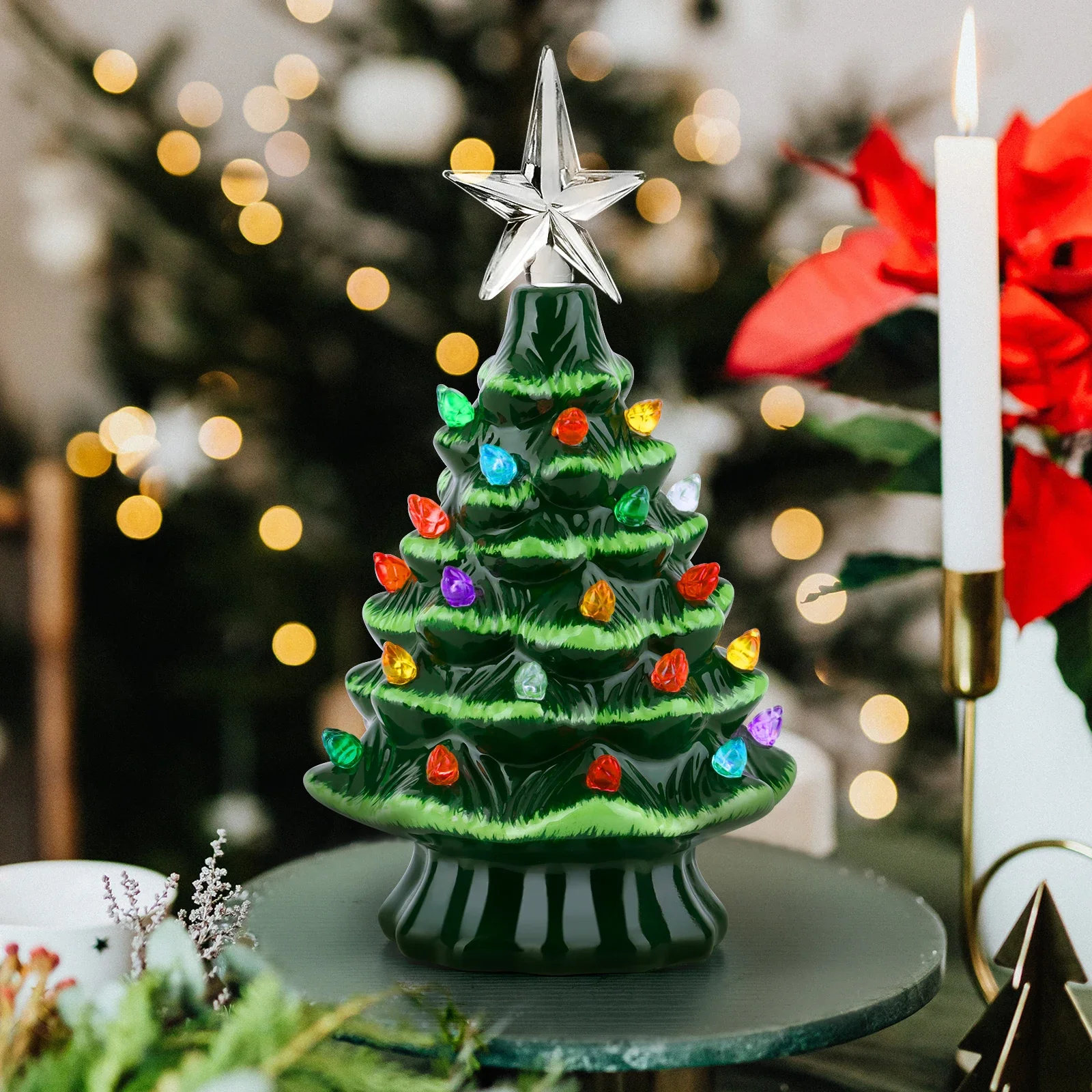 

7 Inches Ceramic Christmas Tree Vintage Green Tabletop Christmas Tree with Tree Topper Star and Multicolored Lights for Desktop